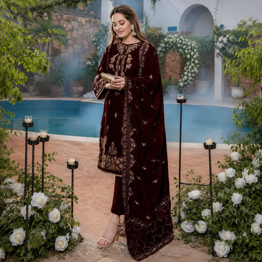 Unstitched Embroidered Velvet 3PCs With Velvet Shawl - VL970