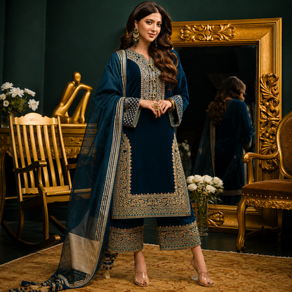 VL300 3PC Velvet Heavy Embroidered Shirt With Organza  Dupatta