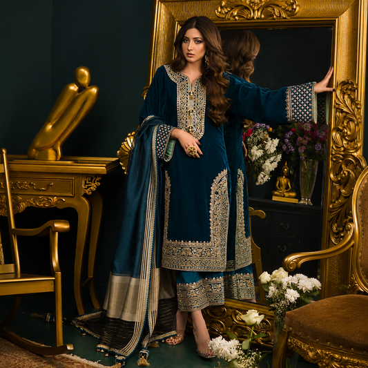 VL300 3PC Velvet Heavy Embroidered Shirt With Organza  Dupatta
