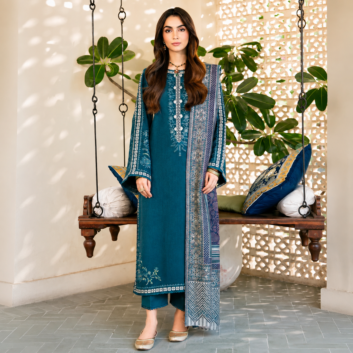 izel - Winter 3PC Dhanak Embroidered Suit - VL1226