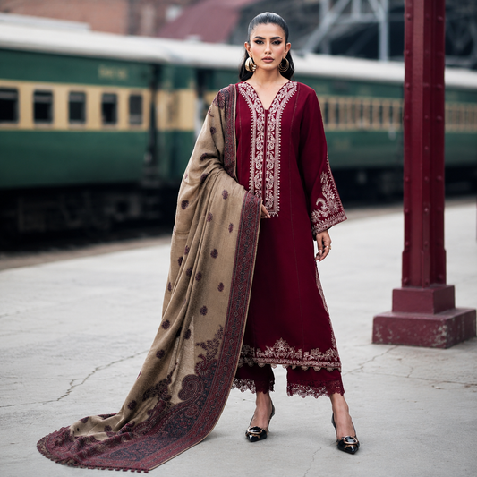 Embroidered 3pc Dhanak dress with Print shawl - VL1142