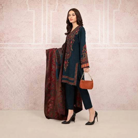 VL658 3PC Khaddar Embroidered Suit with Print Wool Shawl