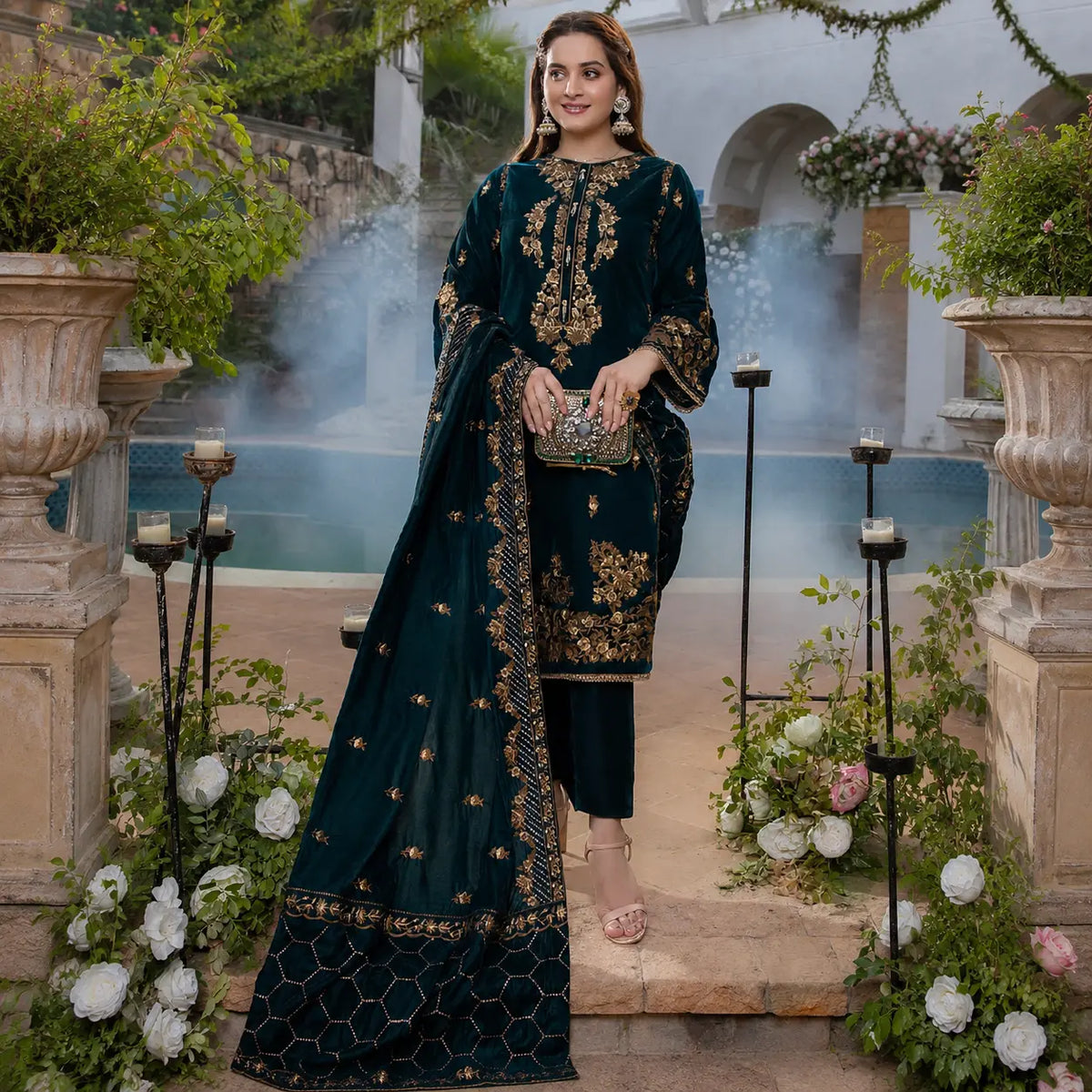 VL2050 Sequance Embroidered Velvet Three piece With Velvet Shawl Winter Collection