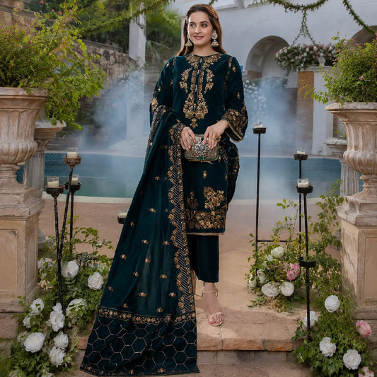 VL2050 Sequance Embroidered Velvet Three piece With Velvet Shawl Winter Collection