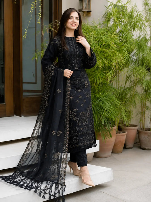 VL320 NISA - 3PC Dhanak Embroidered Shirt With Orgenza Embroidered Dupatta