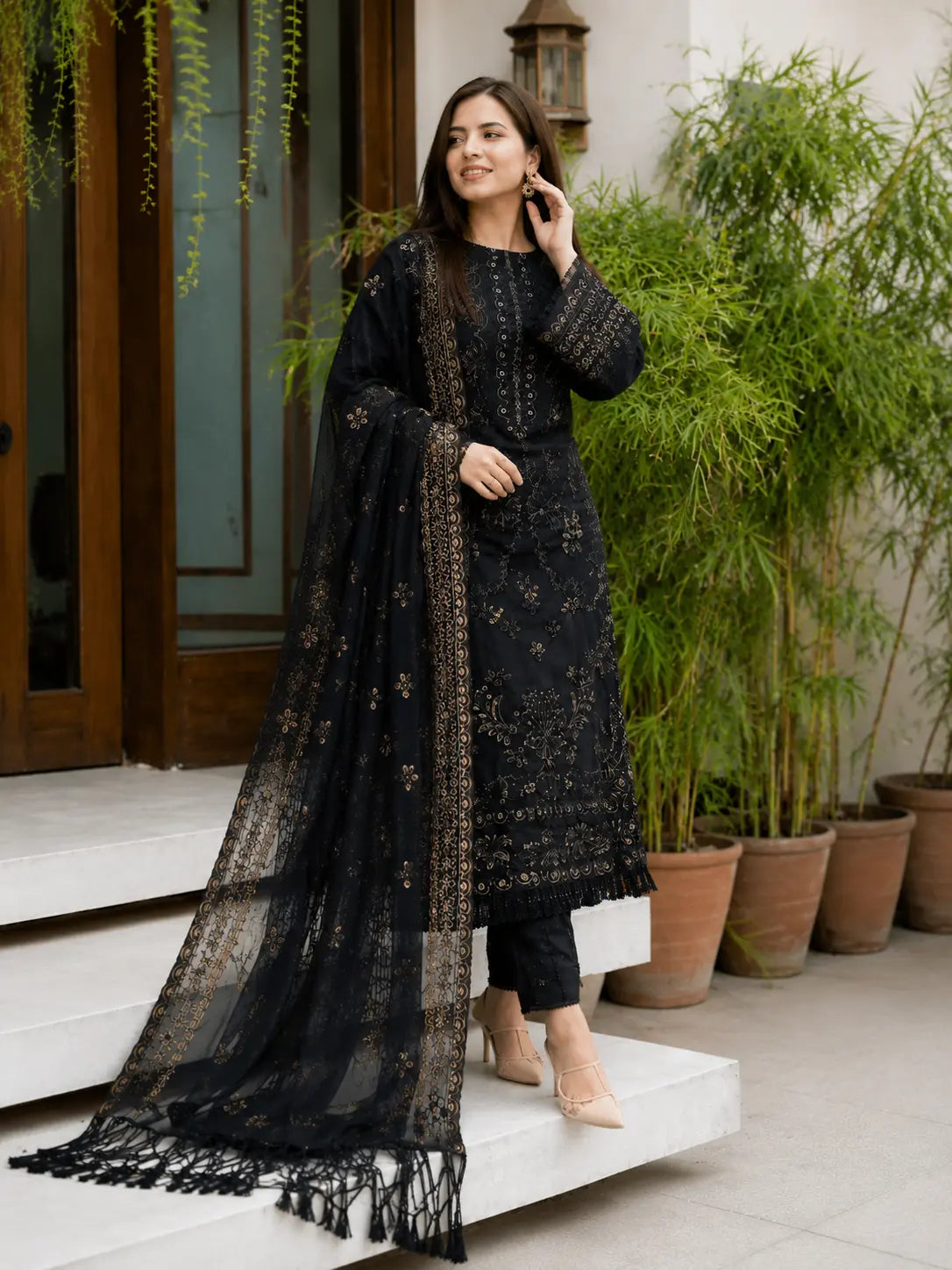 VL320 NISA - 3PC Dhanak Embroidered Shirt With Orgenza Embroidered Dupatta