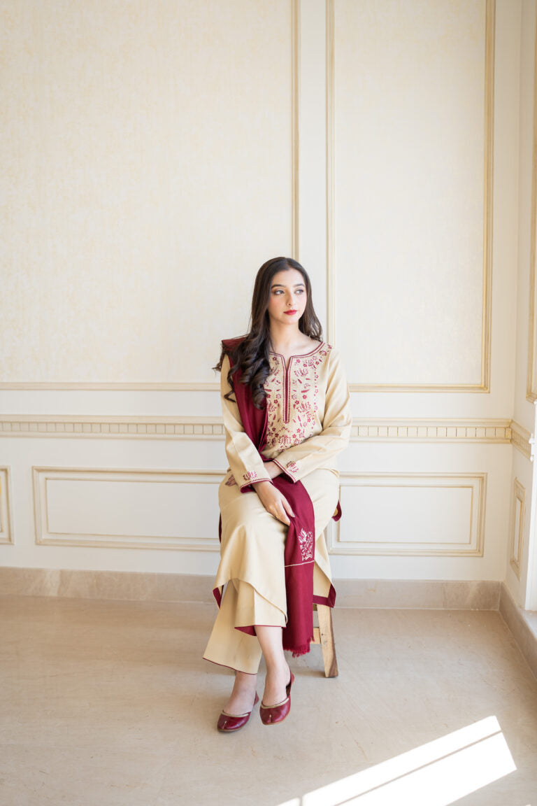 VL313 3PC Dhanak suit with Embroidered Shawl