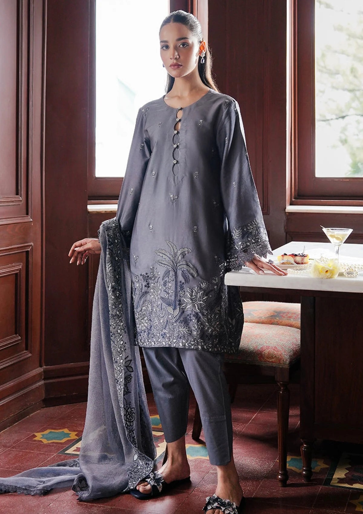 CrosS Stitch- 3PC DHANAK EMBROIDERED SHIRT WITH DHANAK EMBROIDERED SHAWL - VL1245