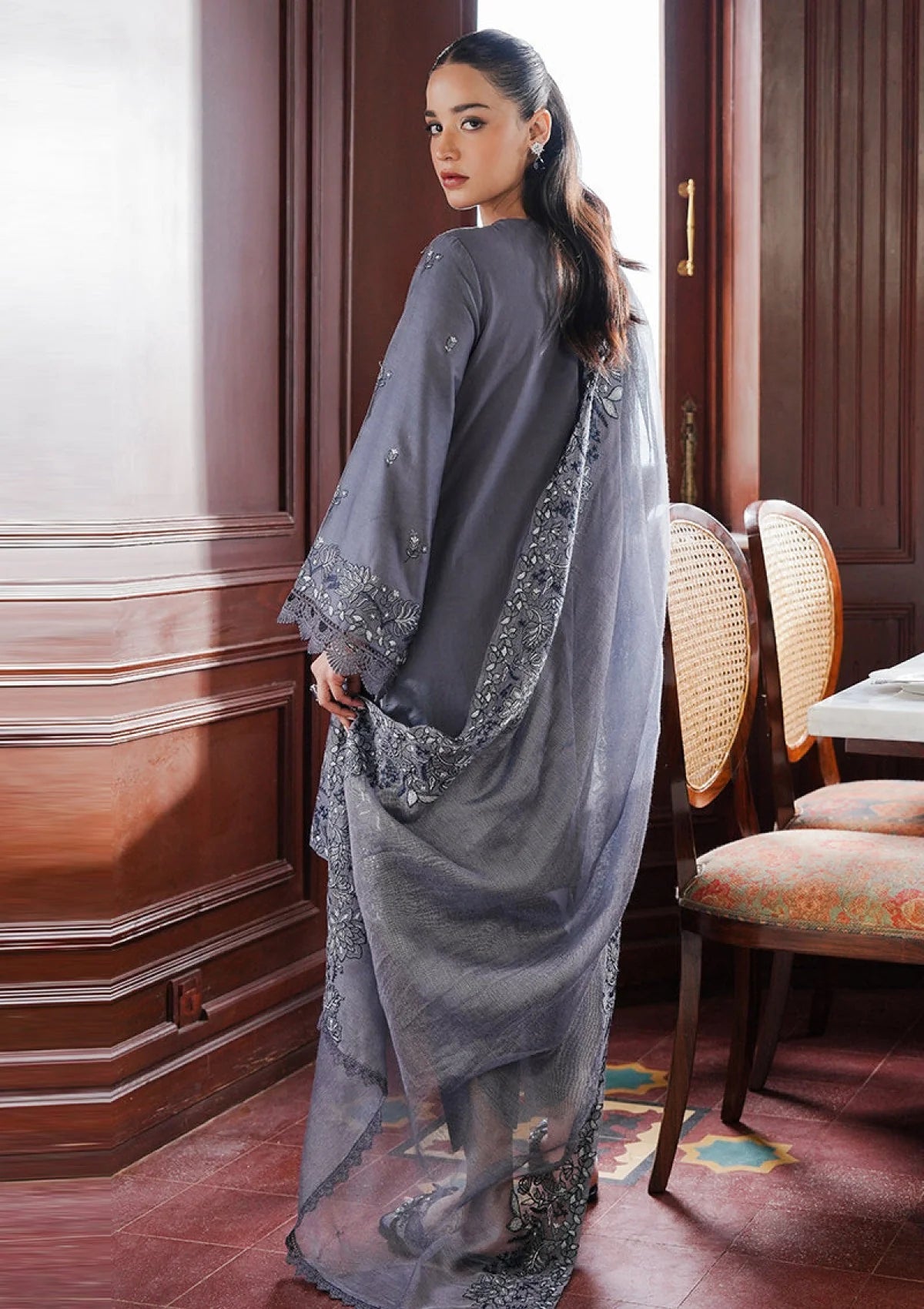 CrosS Stitch- 3PC DHANAK EMBROIDERED SHIRT WITH DHANAK EMBROIDERED SHAWL - VL1245