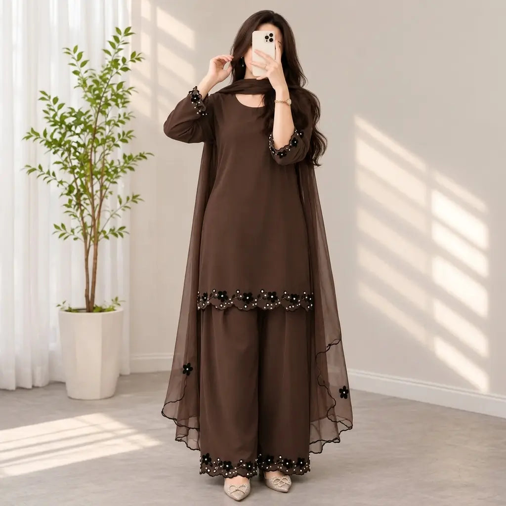 Bunaai - Winter-3PC Shamooz Silk Embroidered Suit - VL 1665