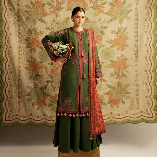 Hussain Rehar - 3PC Dhanak Embroidered Shirt With Pashmina Printed Dupatta and Trouser - VL1681