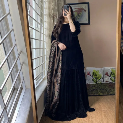 Azure - Winter Velvet Dress With Printed Dhanak Shawl VL 1661