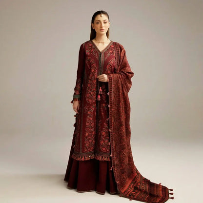 Hussain Rehar - 3PC Dhanak Embroidered Shirt With Pashmina Printed Dupatta and Trouser - VL1706