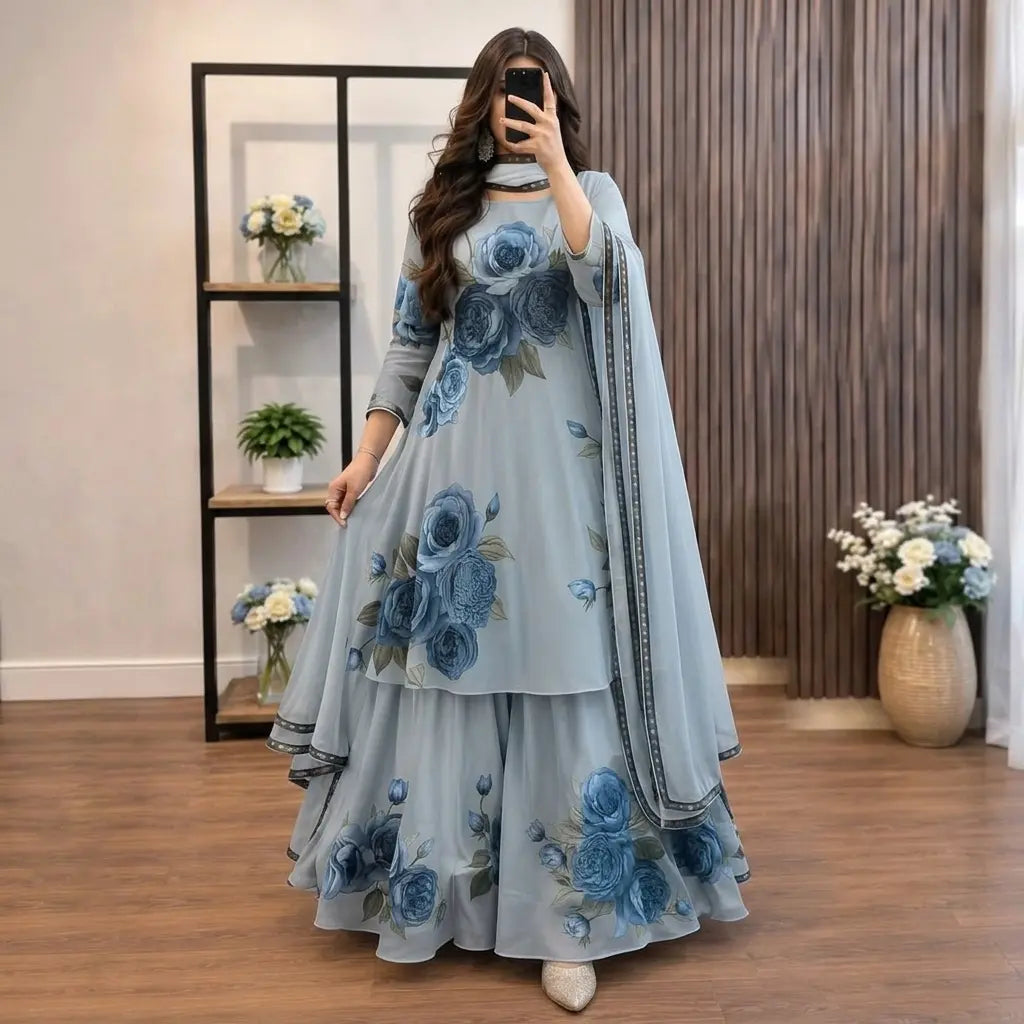 Veezal - 3 Piece Silk Frock Style Printed Suit - VL 1668