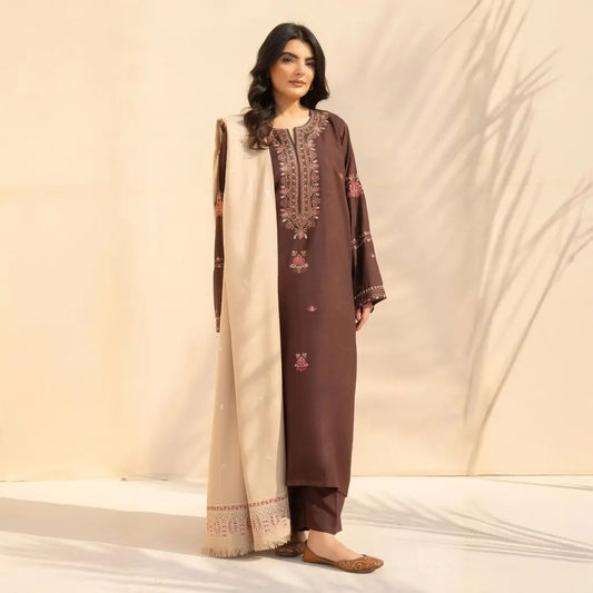 3PC Dhanak Embroidered Shirt With Wool Printed Dupatta and Trouser - VL1607