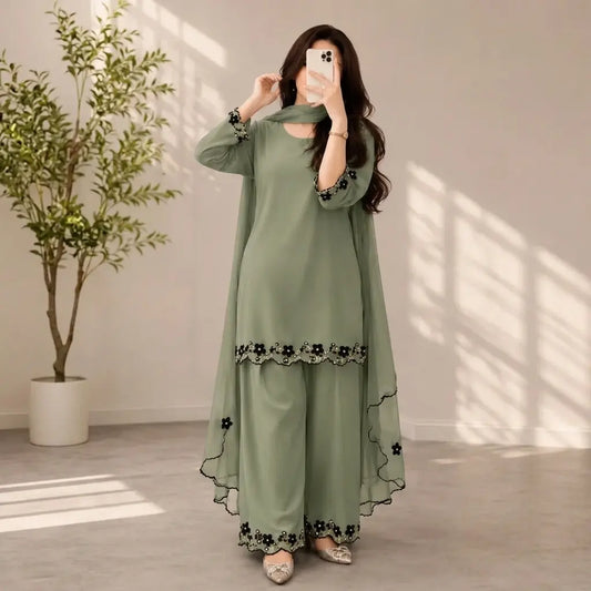 Bunaai - Winter-3PC Shamooz Silk Embroidered Suit - VL 1666