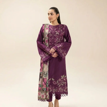 Beechtree - Winter 3PC Dhannak Embroidered Shirt With Wool Printed Dupatta and Trouser - VL 1645