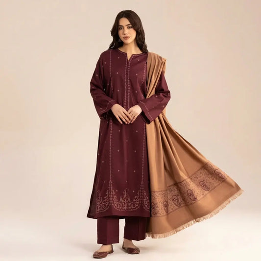 Sapphire - 3PC Dhanak Embroidered Shirt With Wool Embroidered Dupatta and Trouser - VL1689
