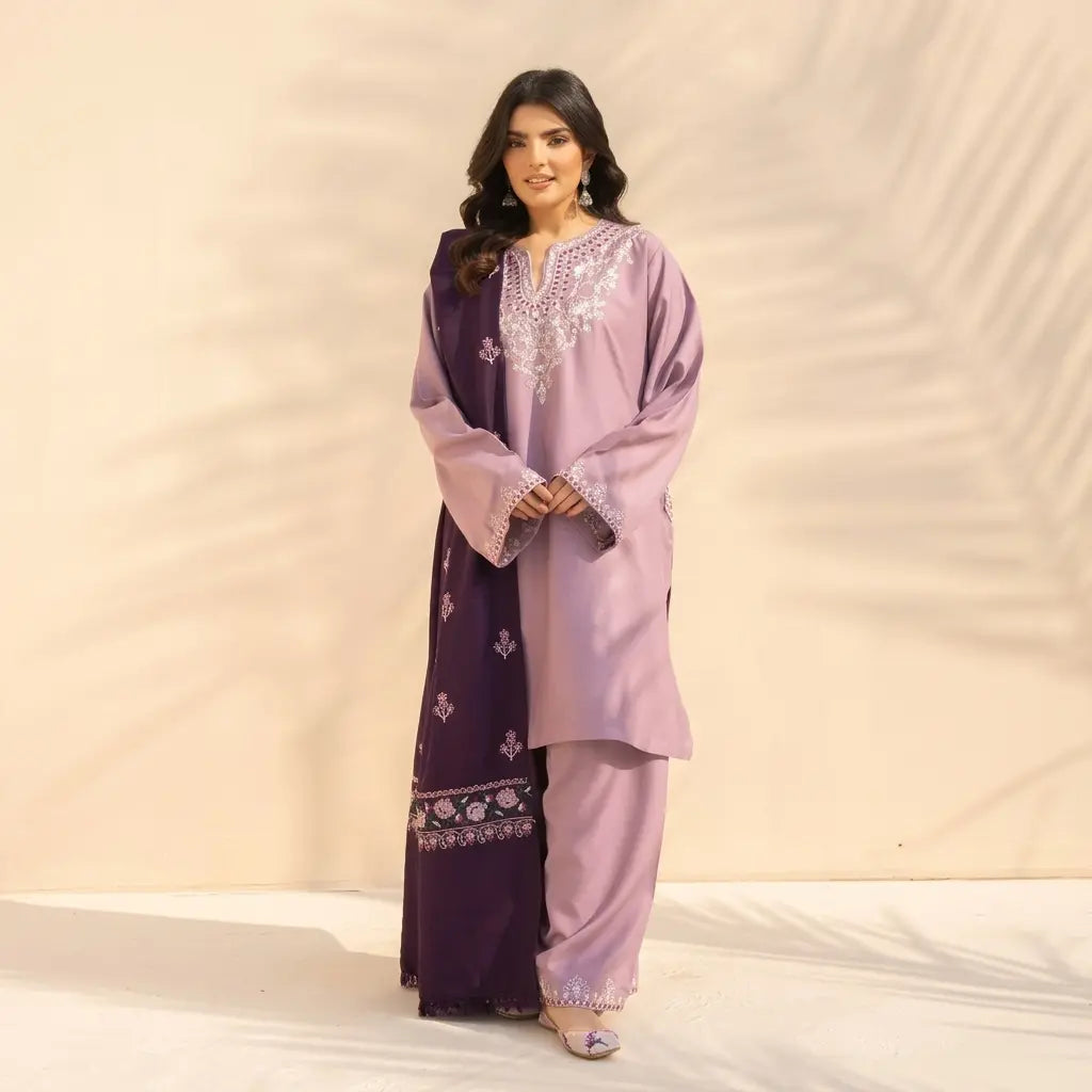 Izel - 3PC Dhanak Embroidered Shirt With Pashmina Embroidered Dupatta and Trouser - VL1608
