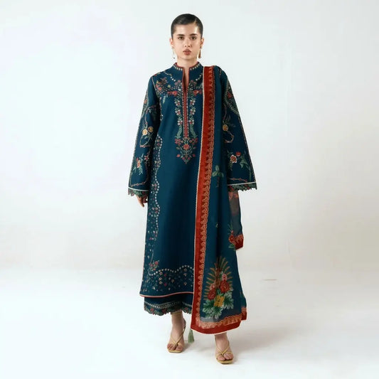 JUGNU - 3PC Dhanak Embroidered Shirt With Chiffon Printed Dupatta and Trouser - VL1684