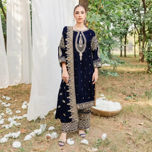 VL 1654 - Winter Unstitched 3PCs Velvet Embroidered Dress Premium Velvet Embroidered Shawl Premium Shamoz Silk Trouser Premium & High Quality