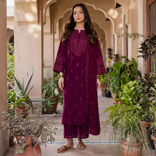 Batik - 3PC Dhanak Embroidered Shirt With Dhanak Embroidered Dupatta and Trouser - VL1705