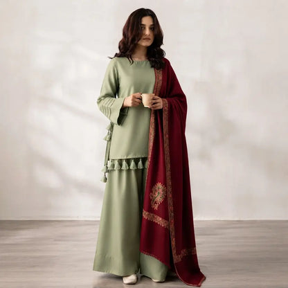 VL1605 - Elegant Sage Green 3-Piece Suit With Maroon Printed Shawl