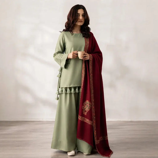 VL1605 - Elegant Sage Green 3-Piece Suit With Maroon Printed Shawl