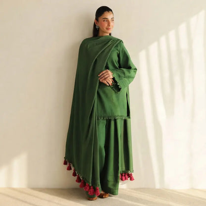 VL1604 Premium Emerald Green 3-Piece Unstitched Suit With Matching Shawl