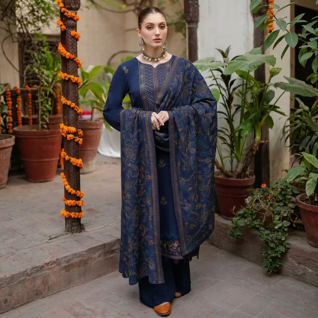 VL632 Bareeze Blue Embroidered Dhanak Three Piece Winter Collection