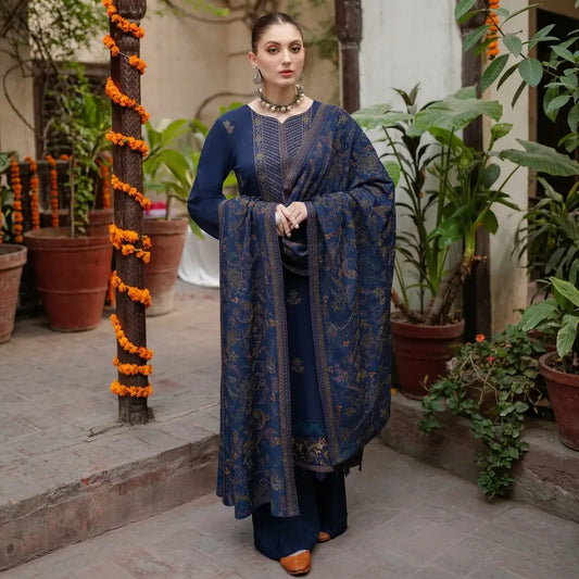 VL632 Bareeze Blue Embroidered Dhanak Three Piece Winter Collection