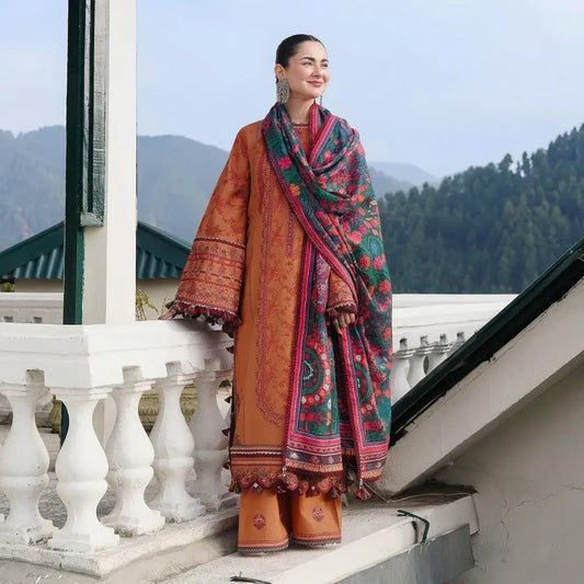Hussain Rehar - 3PC Dhanak Chickenkari Embroidered Suit - VL1679