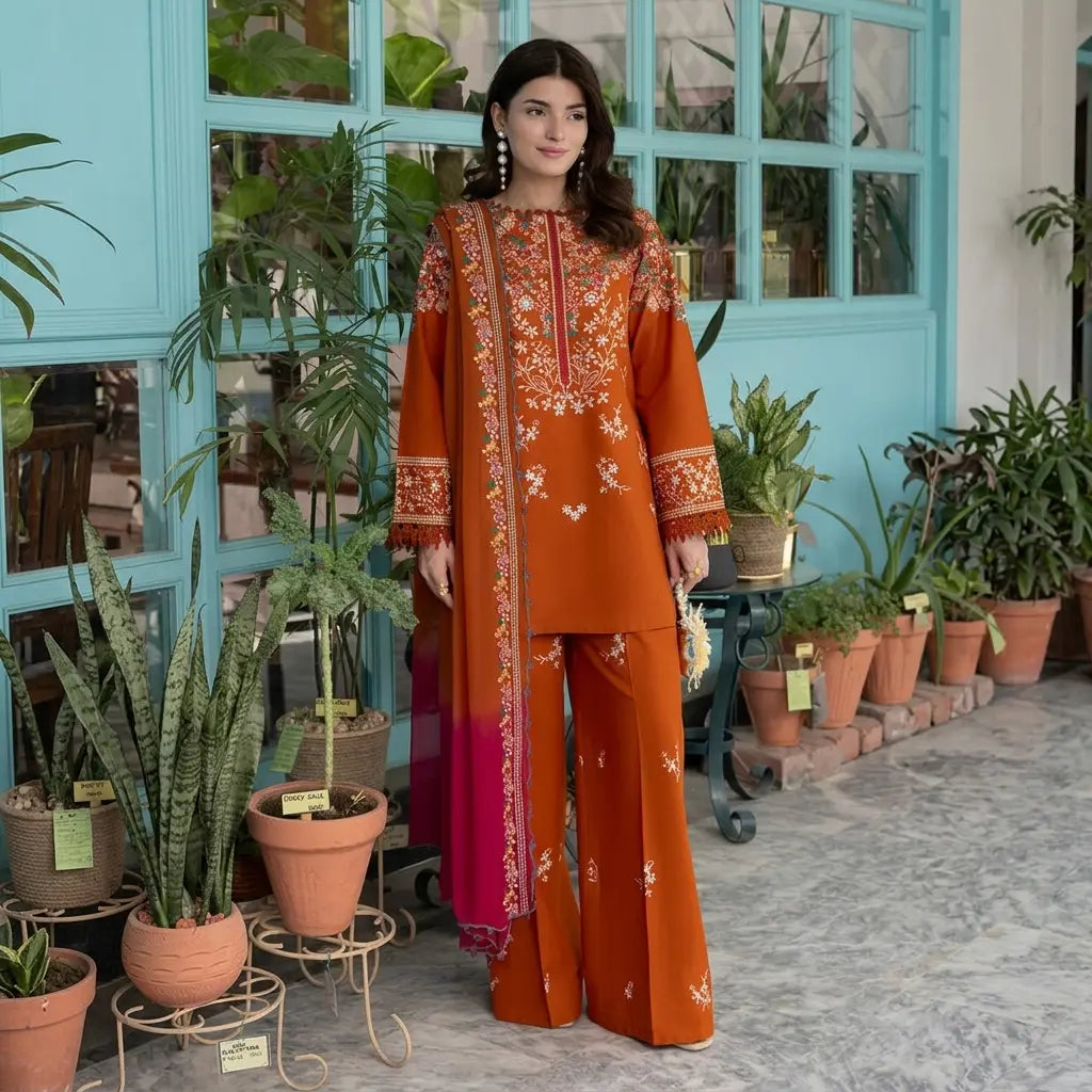 Batik - 3PC Dhanak Embroidered Shirt With Pashmina Printed Dupatta and Trouser - VL1686