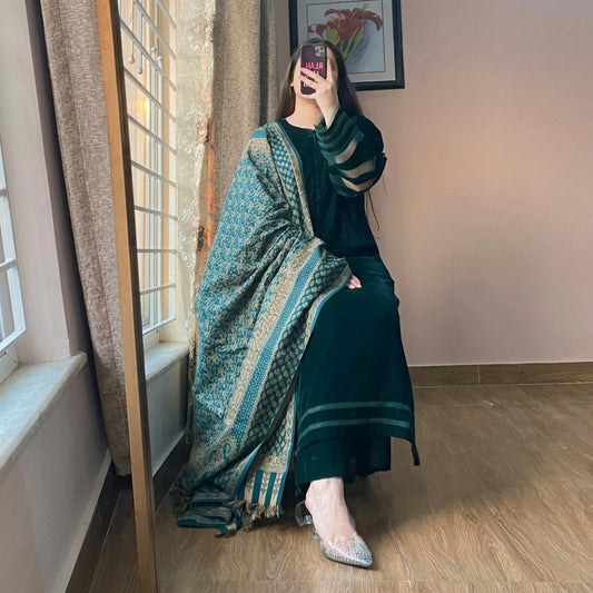 VL 1653 - Velvet Dress with Printed Dhanak Shawl