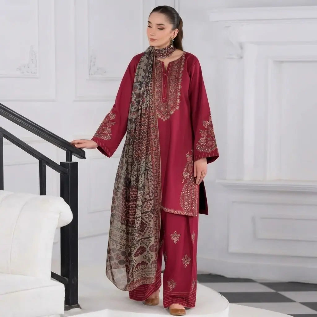 Sapphire - 3PC Dhanak Embroidered Shirt With Pashmina Printed Dupatta and Trouser - VL1675