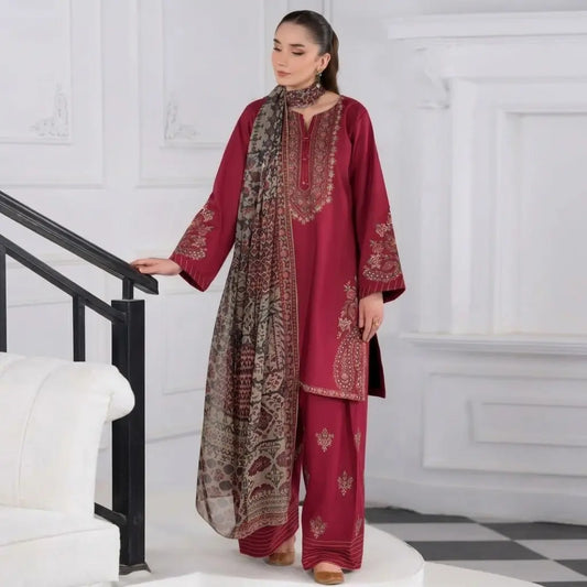 Sapphire - 3PC Dhanak Embroidered Shirt With Pashmina Printed Dupatta and Trouser - VL1675