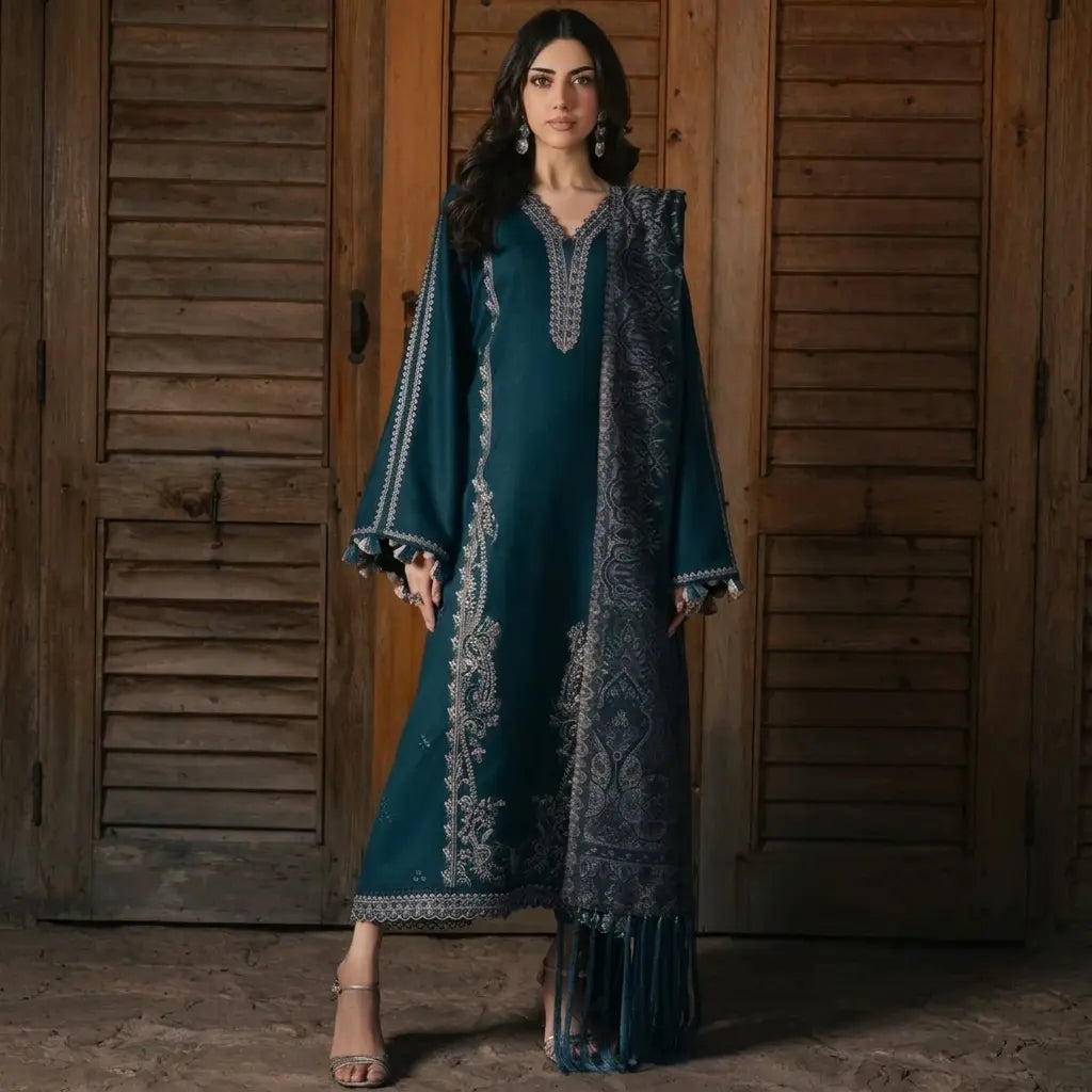 Izel - 3PC Unstitched Dhanak Embroidered Shirt with Digital Printed Dupatta and Trouser - VL1690