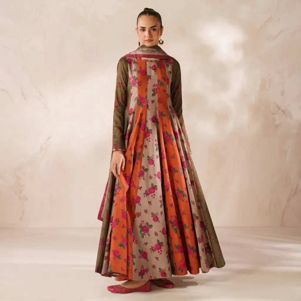 Winter 3PC Frock Style Karandi Digital Print Dress - VL 1628