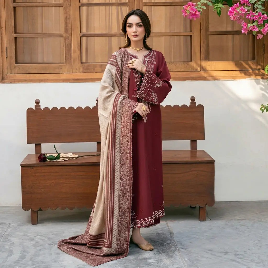 Izel - 3PC Dhanak Embroidered Shirt With Pashmina Printed Dupatta and Trouser - VL1684