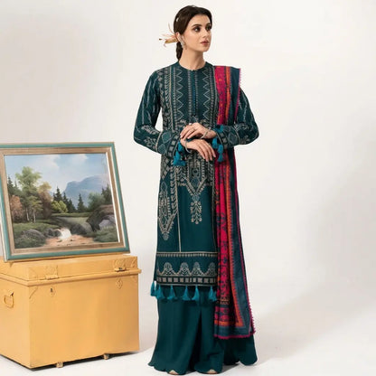 3PC Dhanak Embroidered Shirt With Wool Printed Shawl and Trouser - VL1676