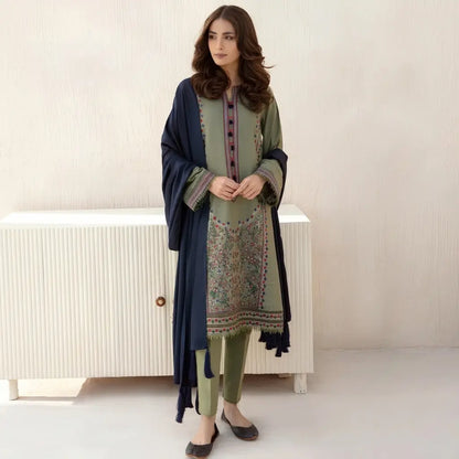 VL2021 3pc Winter Embroidered khaddar Shirt With Dhanak Shawl