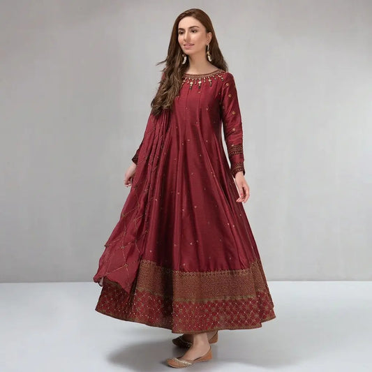 Maria B, unstiched 3 piece kataan silk frock style embroidered suit. VL1006