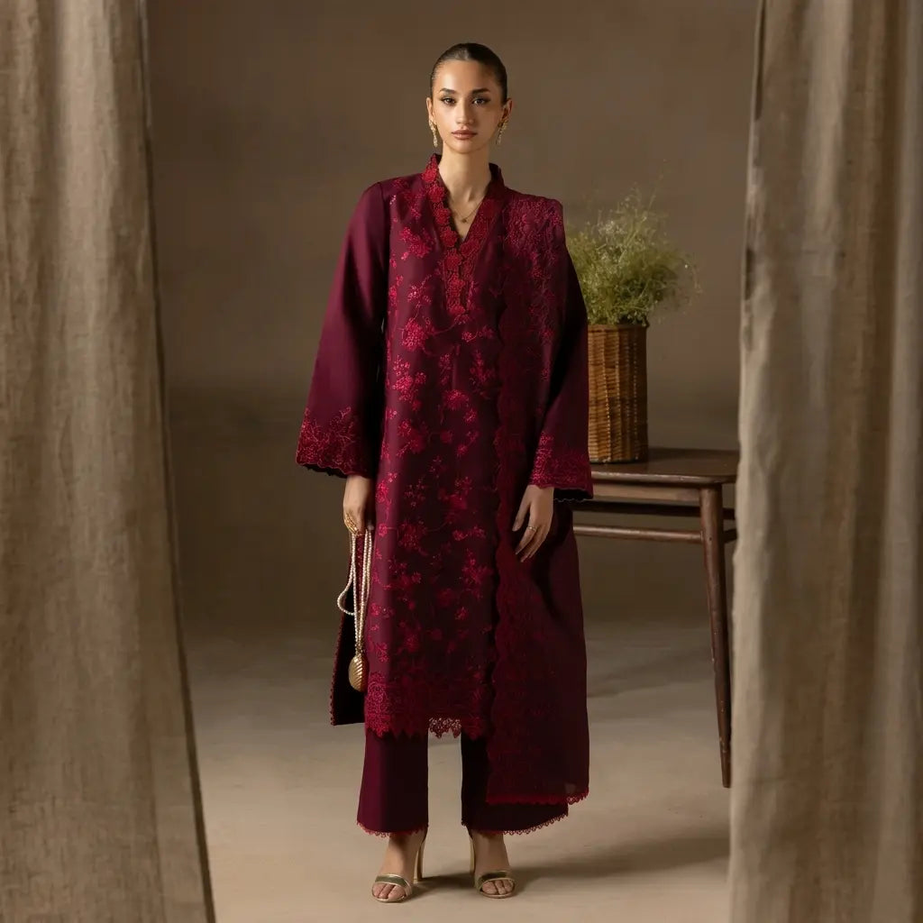 Raj Bari - Winter 3PC Airjet Dhannak Dress With Embroidered Dhannak Shawl - VL 1643