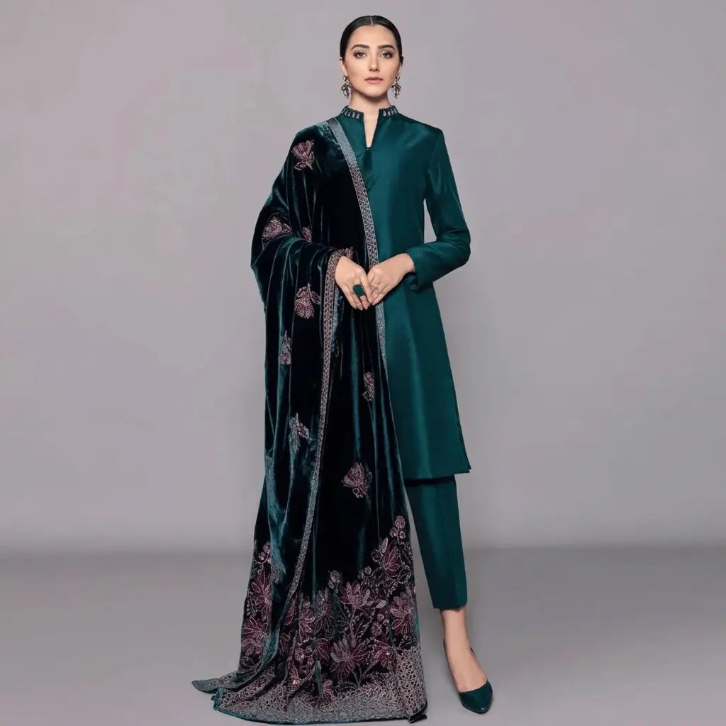 3PCs Shamoz Silk Dress With Heavy Embroidered Velvet Shawl - VL982