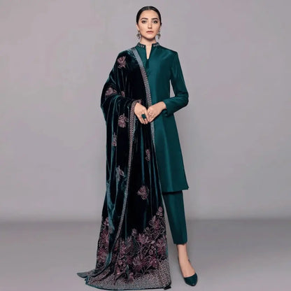 3PCs Shamoz Silk Dress With Heavy Embroidered Velvet Shawl - VL982