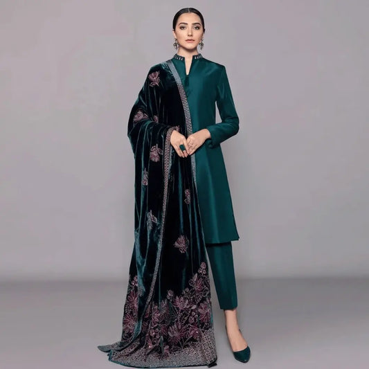 3PCs Shamoz Silk Dress With Heavy Embroidered Velvet Shawl - VL982