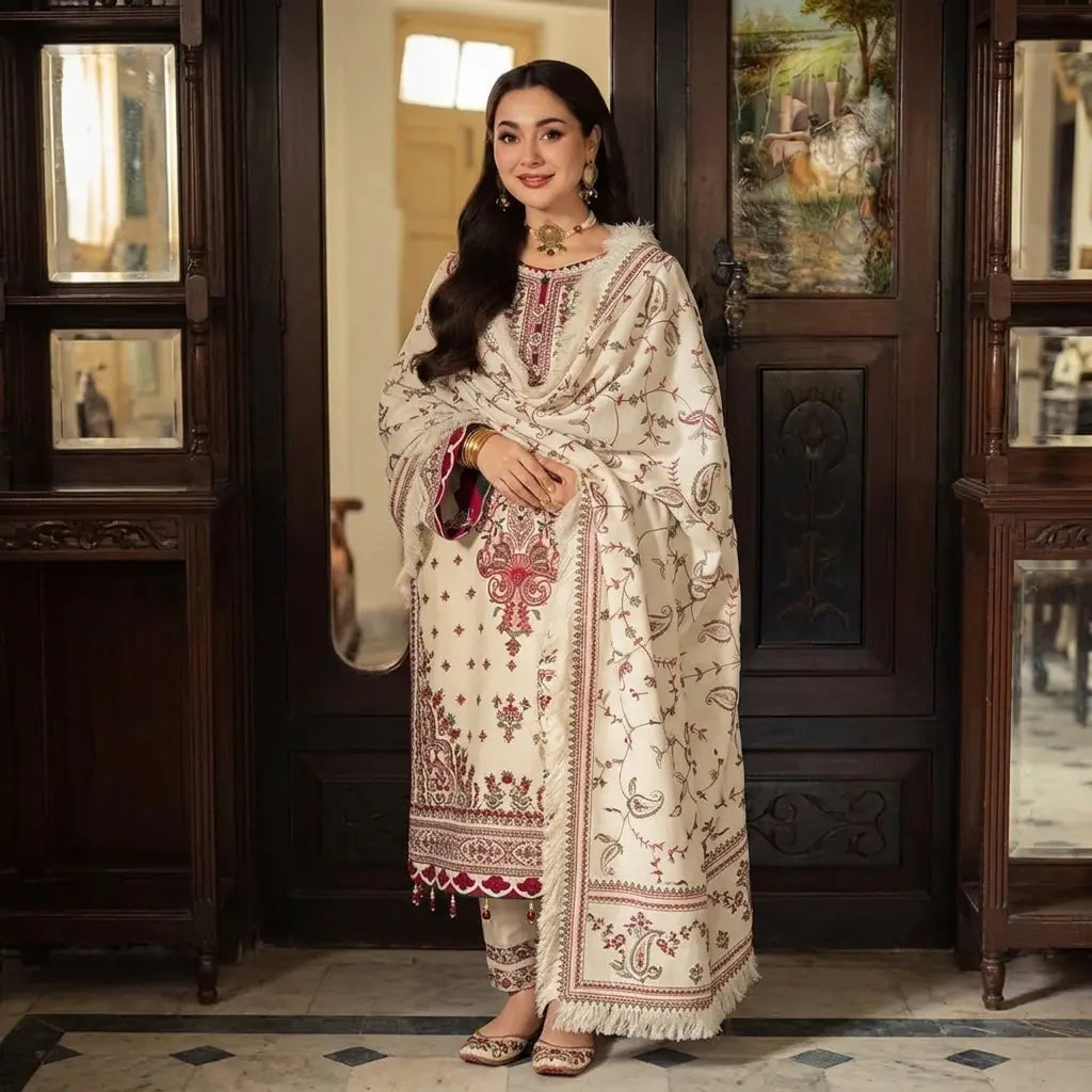 Asim Jofa - 3PC Dhanak Embroidered Shirt With Dhanak Embroidered Dupatta and Trouser - VL1674