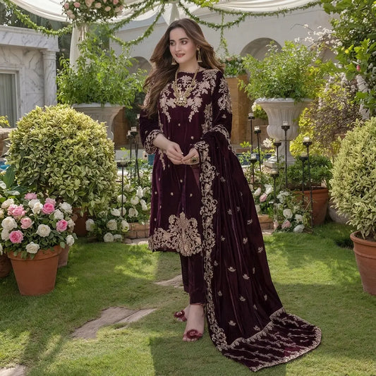 VL954 Embroidered Velvet Three piece with Velvet Shawl Winter Collection's