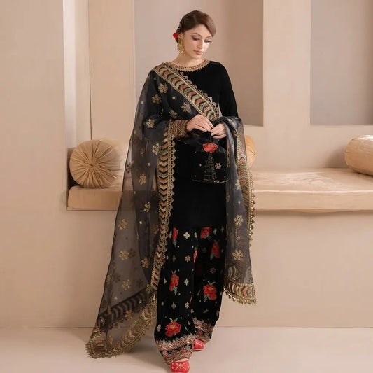 Embroidered Velvet Dress With Organza embroidered Dopata - VL978