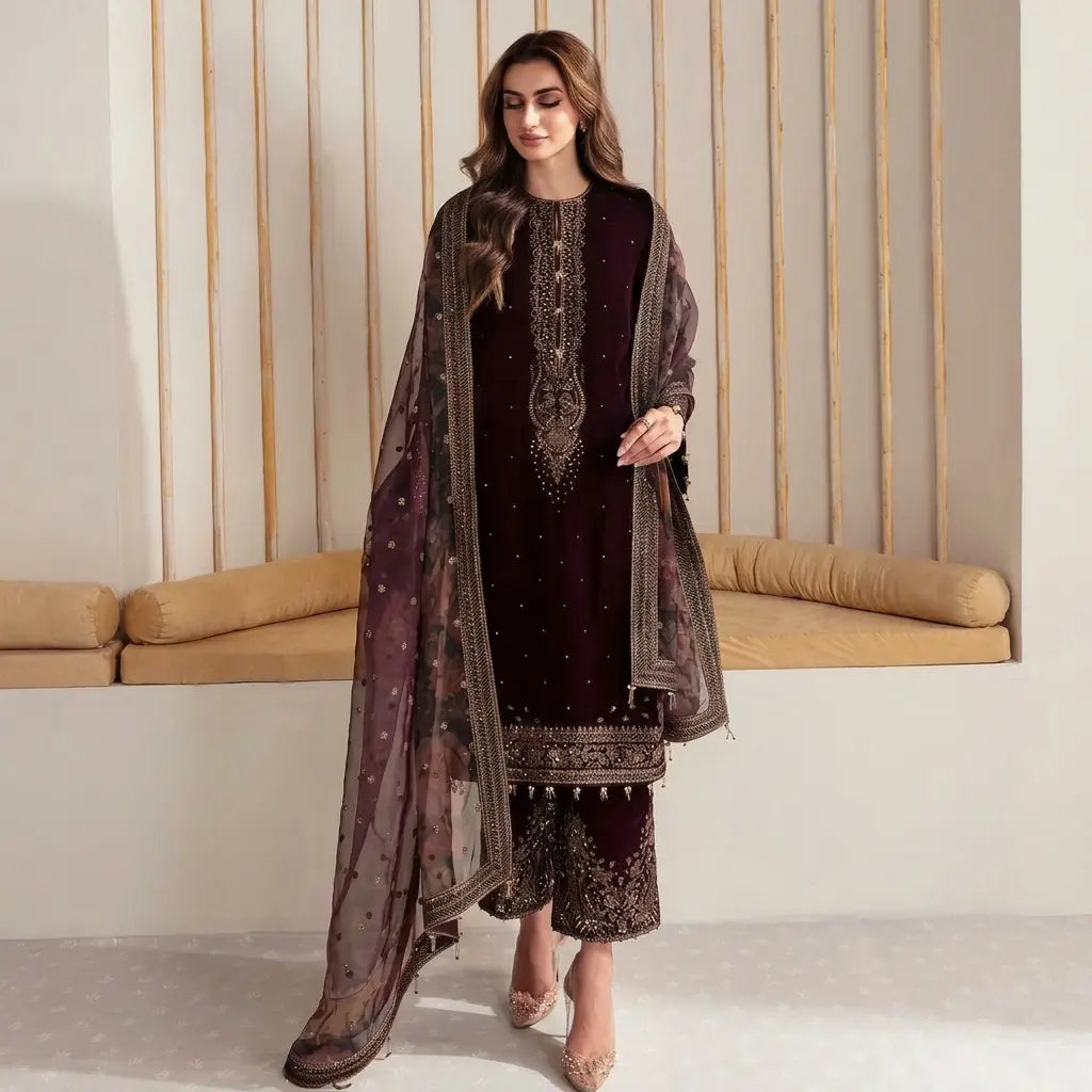 VL961 Winter Unstitched 3PCs Velvet Embroidered Dress With Embroidered Organza Dupatta